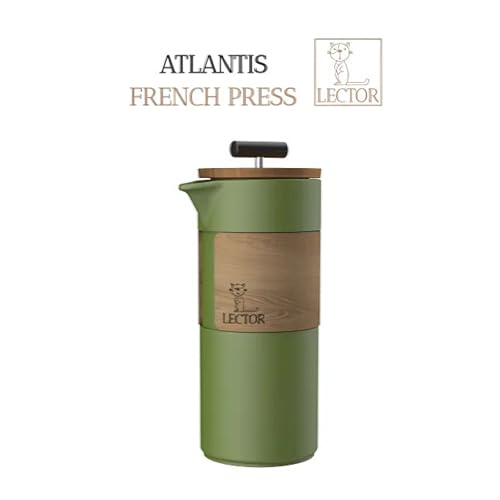 Image of LECTOR Atlantis French Press Coffee Maker | 450ml Capacity | Premium Ceramic Body with Natural Wood Sleeve & Lid | Manual Brewer for Coffee & Tea | Strong Ceramic Build, Superior Filtration (Green)