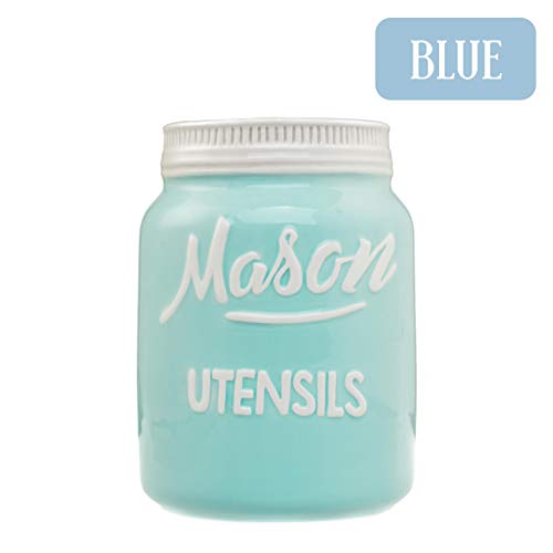 Blue Ceramic Mason Jar Utensil Crock - Retro Farmhouse Decor - Dishwasher