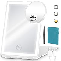 Travel Lighted Makeup Mirror with 10X Magnifying Mirror and Tweezer, Rechargeable Portable Folding Compact Mirror with 72 LED Lights 3 Color Light Modes, LED Makeup Dimmable Touch Screen Mirrors