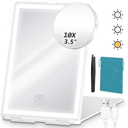 Travel Lighted Makeup Mirror with 10X Magnifying Mirror and Tweezer, Rechargeable Portable Folding Compact Vanity Mirror with 72 LED Lights 3Color Light Modes, LED Makeup Dimmable Touch Screen Mirrors