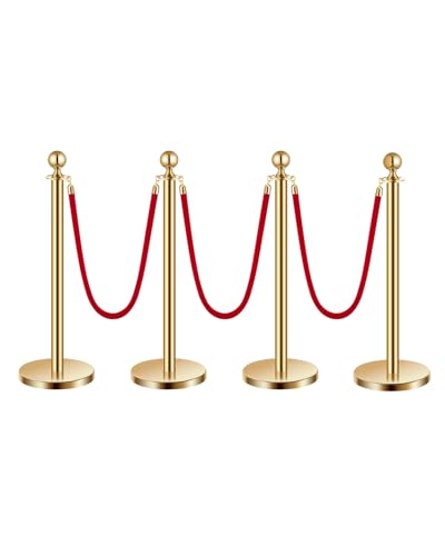VEVOR Poteau de guidage, 4 pcs, barrière de balisage pour contrôle de foules, avec base creuse, 3 cordes velours rouge et poteaux dorés en acier inoxydable,...