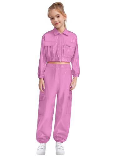 Boys Girls 2Pcs Tracksuit Shiny Metallic Dance Outfits Long Sleeve Jacket with Pants Set Hip Hop Jazz Dance