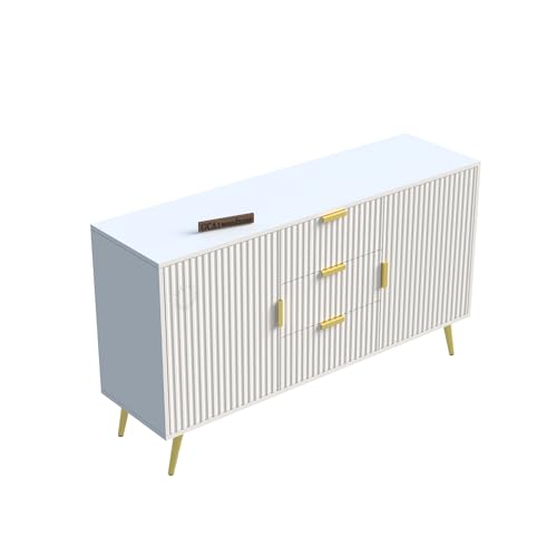 Image of Wooden Sideboard Cabinet for Living Room | Side Board with 3 Drawers & 2 Doors Cabinet Storage for Dining, Drawing and Home Office | HDMR Premium Wood & Iron | White & Golden