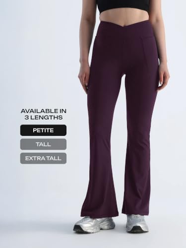 Image of CAVA Petite Hourglass Flared Leggings for Women | V Waistband, Anti Camel Toe Design, Petite Fit, Flared Bottoms, Deep Pockets, Sculpting Stretch Fabric