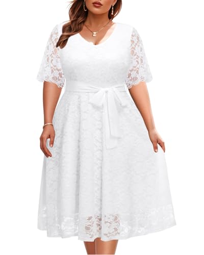 Women Plus Size White Dress Lace Bridal Shower Short Wedding Ivory Cocktail Semi Formal Courthouse V Neck Midi Dresses