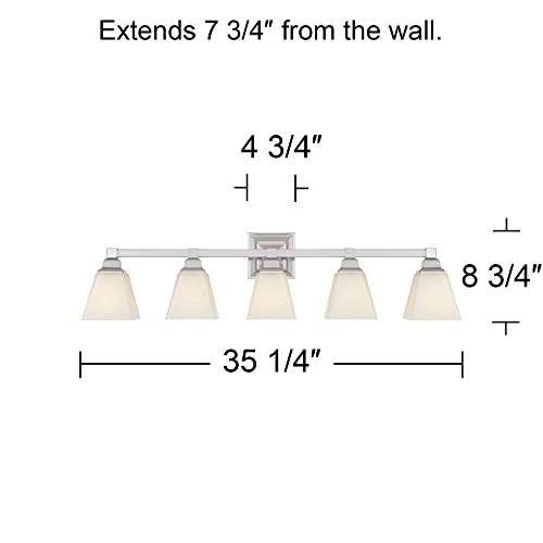Image of Mencino-Opal 35 1 /4 inch Satin Nickel and Glass Bath Wall Mount 5-Light Fixture | Silver Metal Hardwired Wide Etched White Shade for Bathroom Vanity Mirror House Home Room Decor
