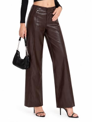 Faux Leather Pants for Women High Waisted Wide Leg Leather Trousers Pockets | Women's Leather Pants, Pleather Pants for Women, Wide Leg Pants with Pockets, Business Casual Trousers for Work & Going Out