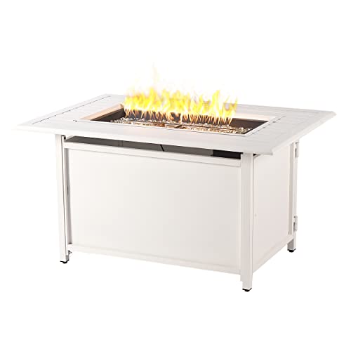 Image of Rectangular 46 in. x 31 in. Aluminum Propane Fire Pit Table, Glass Beads, Two Covers, Lid, 57,000 BTUs in White Finish