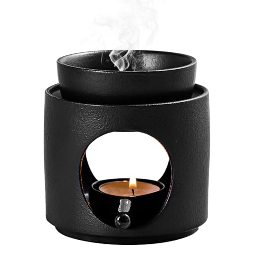 Lámpara aromática de cerámica con portavelas, lámpara de aroma, difusor de aceite y cera, calentador para aceites esenciales, cuenco extraíble (negro)
