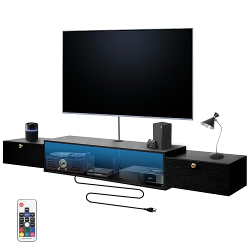 Qupui 70.8'' Wall-Mounted Floating TV Stand with LED Lighting, Modern Wooden Media Console Shelf...