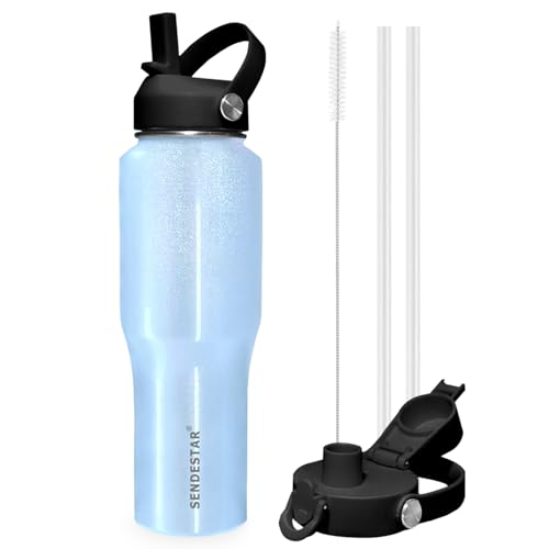 Image of SENDESTAR 32oz Stainless Steel Water Bottle(Cold for 48 Hrs, Hot for 24 Hrs),Double Wall Vacuum Insulated Bottle with Straw Lid, Spout Lid and Flex Cap, Fit in Any Car Cup Holder