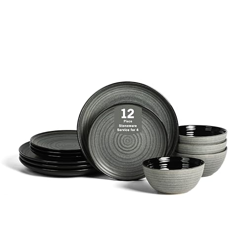 Stone Lain Dua 12-Piece Dinnerware - Stoneware, Plate and Bowls, Dishwasher and Microwave Safe, Dish Set for 4, Black