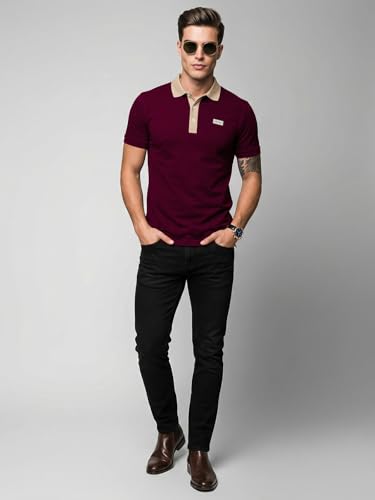 Image of Veirdo Men's Polo T-Shirt Regular Fit, Half Sleeve Contrast Collar Tee, Solid Color Summer Wear, Comfortable Travel, Casual & Office Styling (Sizes S-2XL)