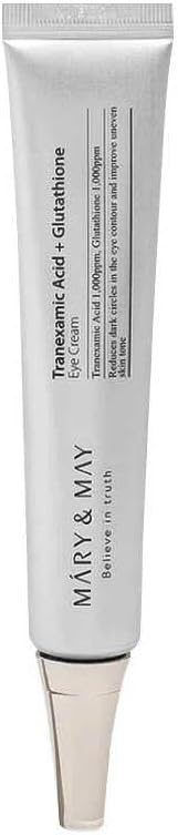 Mary&May Korean Skincare Tranexamic Acid + Glutathione Eye Cream - Reduces Dark Circles around the eye, Powerful Antioxidant, improve Uneven Skin Tone with Vitamin C, Morning/Night use, 12g/0.42 oz