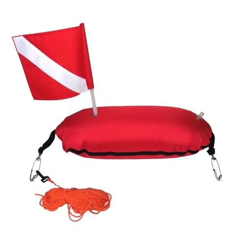 22.5x8x6 Spearfishing Float - High-Visibility Dive Buoy with Red & White Flag, 1680D Nylon Polyurethane (PU) Coated Cover, PVC Bladder, Shark Clip Attachment Points - Safety Marker Buoy for Divers
