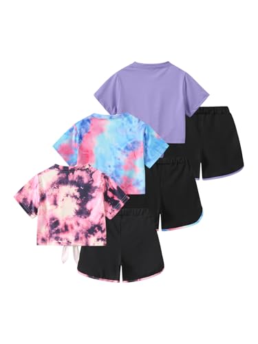 Image of Girls 6 Pieces Summer Outfits Casual Short Sleeve Tee Tops and Dolphin Shorts Set 4-12Y
