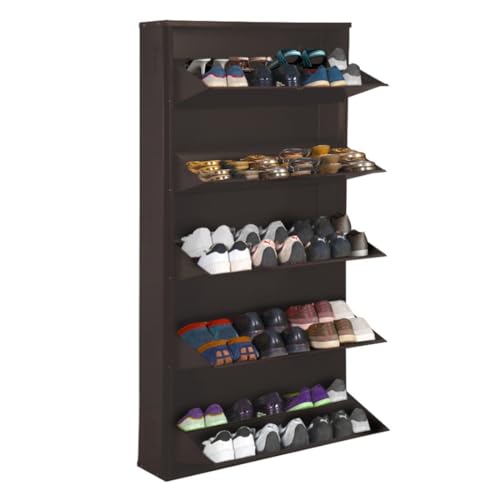 Image of DELITE KOM 29 inch Wide, 10 Shelf Metal Shoe Rack Wall Mounted for Home with Central Lock | Holds Upto 36 Shoes or 60 Slippers Pair | Double Decker, 1Yr Warranty, (67x29x8, Coffee), DIY, Space Saver