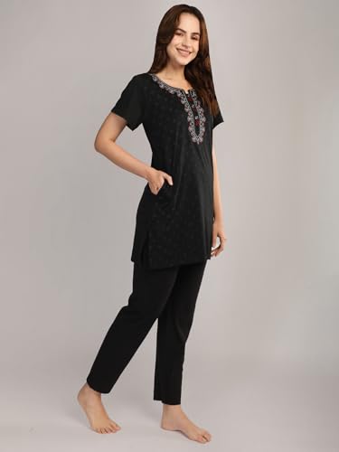 Image of Duchess Women's Cotton Tie & die & Embroided Long Length Night Suit Set