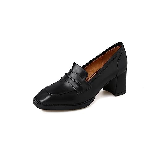 TinaCus Women's Genuine Leather Handmade Slip On Square Toe Mid Heel Office Loafers Pumps Shoes