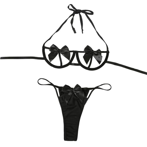 EASYLONGJEE Sexy Lingerie for Women Exotic Lingerie Bow Tie Cute 2 Piece Bra and Panty Slutty Set Cut Out Outfits Stripper Outfit Black