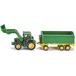 Cargador Frontal John Deere siku 1843, Tractor John Deere con cargador frontal y remolque, 1:87, Metal/Plástico, Verde, Remolque basculante