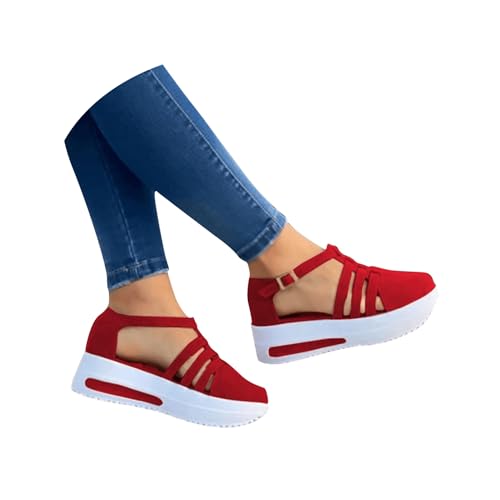 Generic Women's Red Platform Wedge Sandals Size 5 UK Casual Walking Closed Toe Ankle Strap Slip On