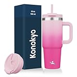 Konokyo 30 oz Tumbler with Handle and 2 Straws,2 in 1 Lid Insulated Water Bottle Stainless Steel Travel Coffee Mug,Cherry Blossoms