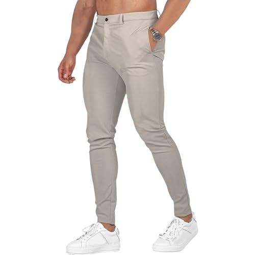 Qolkmuiy-GJ Men's Chinos Slim Fit Pants Stretch Skinny Tapered Dress Slack Comfort Casual Solid Workout Trousers (Khaki,Large)