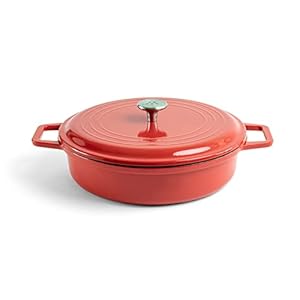 Misen Enameled Cast Iron Braiser Pan with Lid – Shallow Depth for Braising & Poaching – Durable Cookware – Oven Safe – Easy Handling – Chip-Resistant Enamel – Multi-Purpose Cooking – Red