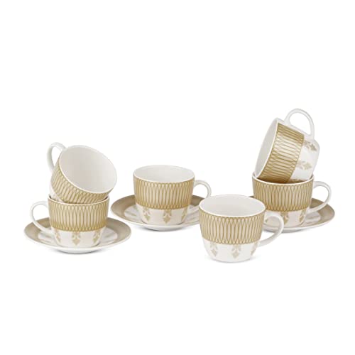 Image of Dandy Lines Royal Tea Cup and Saucer Set, Elegant Gold Trim, Ceramic, Pack of 12, Microwave & Dishwasher Safe, Great for Hosting & Gifting