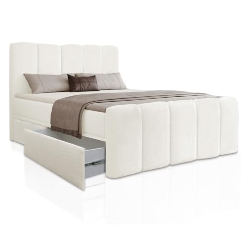 Juskys® Boxspringbett Manitoba 180 x 200 cm - Inkl. Topper & Bettkasten, Modernes Design mit Bouclé-Stoff, Gepolstertes Kopfteil - Creme