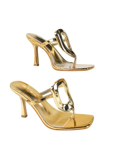 Women's Metallic High Heel Sandals – Elegant Ring-Strap Evening Shoes with Toe-Post Design, Glamorous Stiletto Heels for Galas & Black-Tie Events