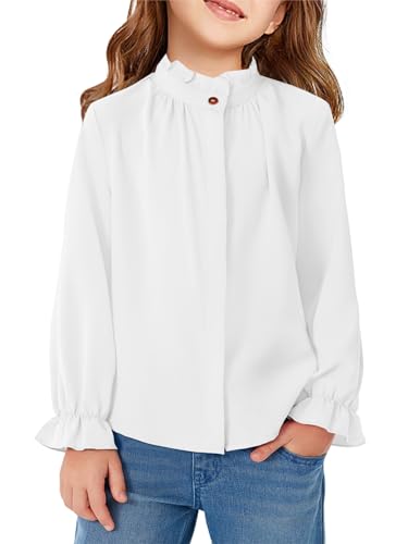 Haloumoning Girls Ruffle Long Sleeve Blouse Kids Button Down Uniform Dress Shirts 5-14 Years