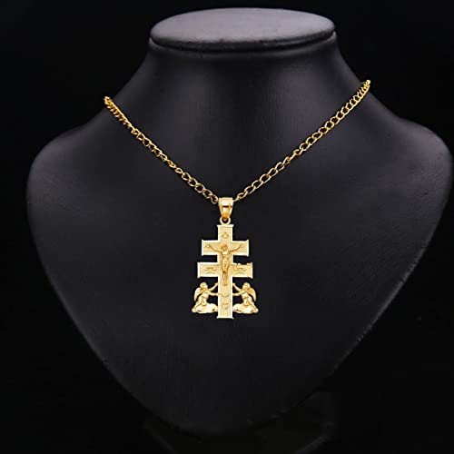 TGDJ 14K Yellow Gold Religious Cross of Caravaca Pendant - Crucifix Charm Polish Finish - Handmade Spiritual Symbol - Fine Jewelry - Unisex - 27 x 19 mm, 2.1 gms2