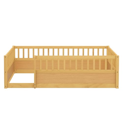 Kids Montessori Floor Bed,Full Size Floor Bed with High Fence and Door,Full Bed Frame with Guardrails for Kids,Girls,Boys,Full,Natural