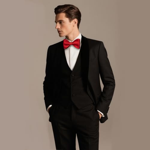 Image of DiBanGu Solid Color Bow Ties for Men Formal Satin Self Tied Bowtie with Lapel Pin Pocket Square Cufflinks for Wedding Party