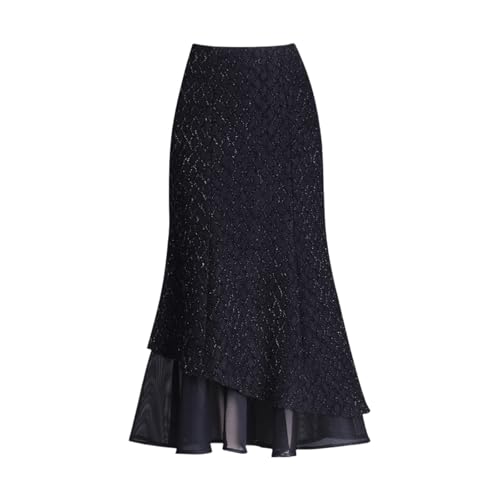 Women's Mesh Splicing Lace High Waist Bodycon Fishtail Half Skirt Sparkle Long Midi Hip-Covering Midi