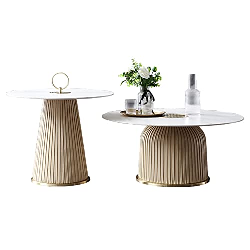 2 Stück Couchtisch-Kombination, modern, einfach, Wohnzimmer, Schlafzimmer, Wohnung, hoch und niedrig, rund, gesinterter Stein, Couchtisch, Beige