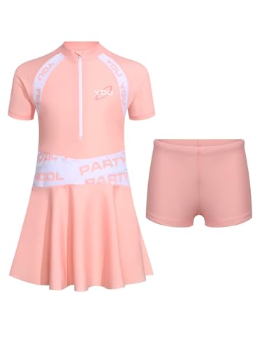 TiaoBug Kids Girls 2 Pieces Bathing Suits Short Sleeve Zip Neck Swimdress Top with Swim Shorts