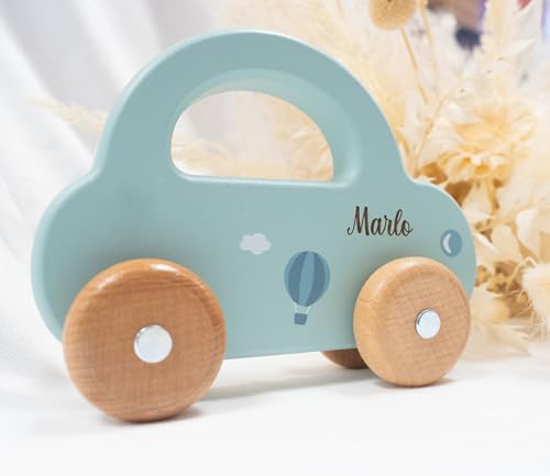minipishop® Babygeschenke zur Geburt Junge personalisiert -Holzauto ab 1 Jahr als Spielzeug oder Babygeschenk Geburt türkis Erstes Auto mit Namen