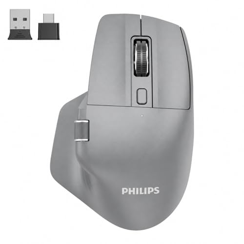 Image of Philips Ergonomic Wireless Mouse, Multi-Device Bluetooth (USB-A /C) for Laptop & Mac /PC, Silent Productivity Mouse with Side Scroll, 5-Level DPI Rechargeable Computer Mouse(Grey)