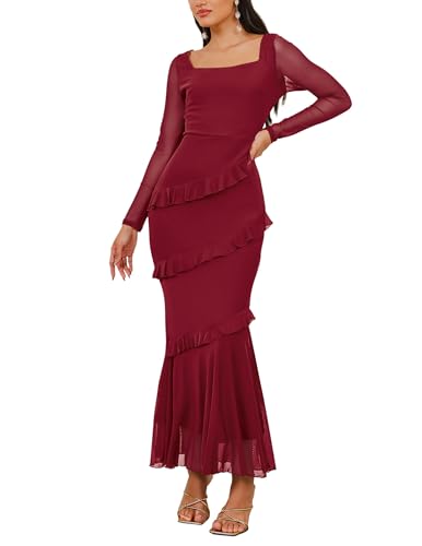 Nova In Sky Women's Wedding Guest Dress Maxi Long Sleeve Mesh Ruffle Formal Bodycon Mermaid Evening Cocktail Long Dress3