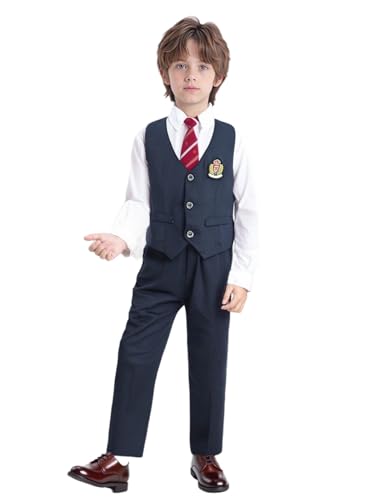 Miaeowve - Miaeowve Garçon Costume 5 Pièces Classique Ensemble Gilet Chemise et Pantalon Costume Formel Enfant pour Mariage Soirée Cérémonie Tenue Uniforme Scolaire 5-16 Ans Bleu Marine 11-12 Ans