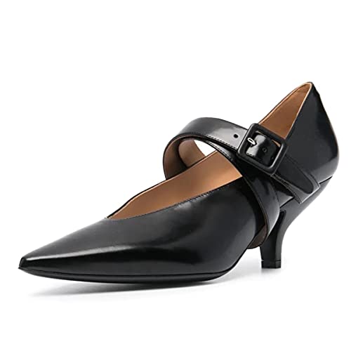 XYD Women Retro Pointed Toe Strappy Pumps Buckle Mary Jane Mid Kitten Heels Office Prom Dress Shoes