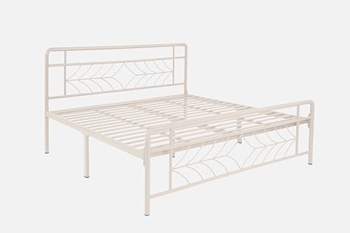 Image of Vara Metal King Size Bed Without Storage | Wrought Iron Double Bed with Headboard & Footboard | Sturdy Powder Coated Platform Bed King Size Cot for BedroomLivingRoom Ivory (75x72)