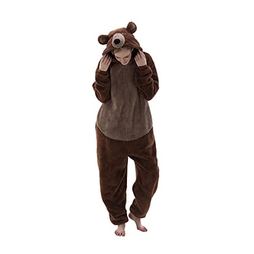 COSUSKET Fitted Unisex Adult Bear Onesie Pajamas, Halloween Sherpa Women's Cosplay Animal One Piece Costume (Brown, Large)