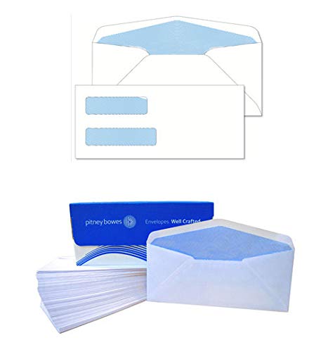 500 Pitney Bowes Envelopes #10 Gummed White Double Window 24 lb Security Tint