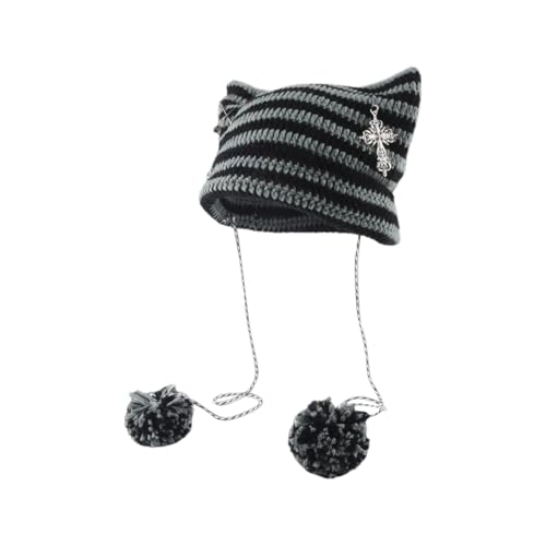 Bonnet d'hiver en tricot pour femme oreilles de chat en laine douce et design punk chaud