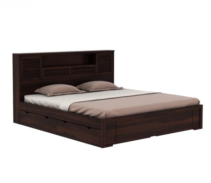 Image of Solid Sheesham Wood Bed with Storage | Wooden Bed with Drawer Storage & Designer Headboard | Strong & Durable Bed Frame for Bedroom Home & Hotel (Walnut Finish, King)