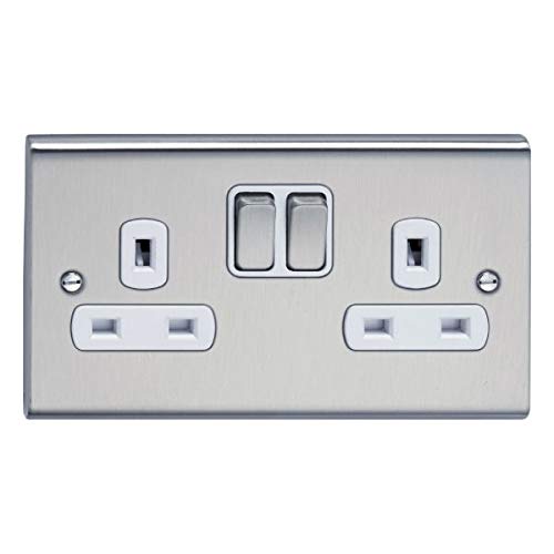 Deta SD1209SSW Switch Socket Outlet 13 Amp - 2 Gang (Stainless Steel/White Inserts)
